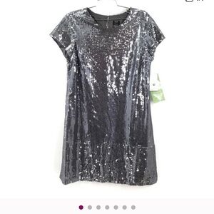 NWT Nicole Miller Silver Sequin Gunmetal Shift Dress Sz. 16